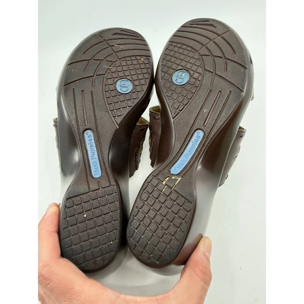 Hush Puppies Knotted Dark Brown Leather Wedge Slide Sandals H503083 Womens 8M